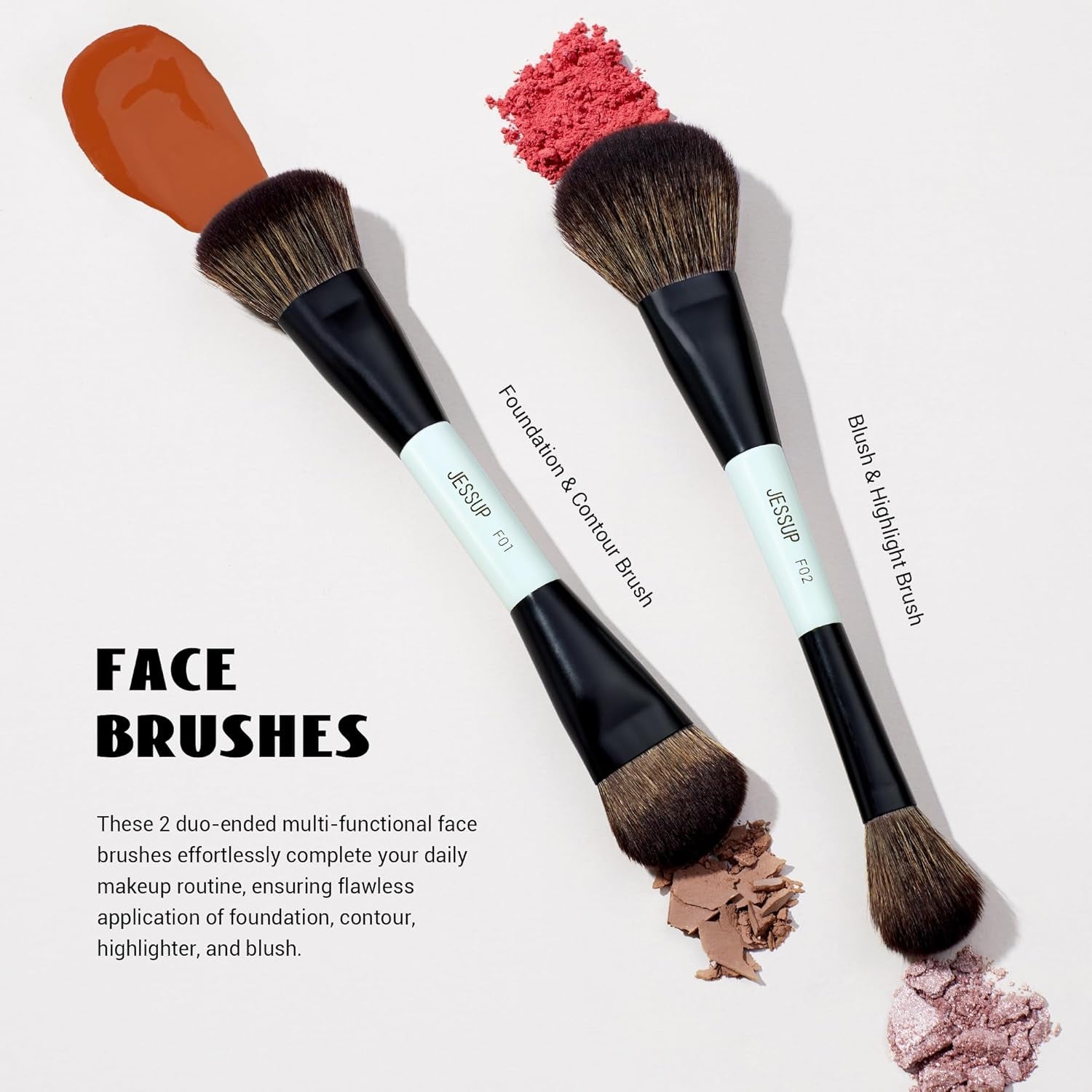 Makeup Brush Set 6Pcs Double Sided Makeup Brushes Foundation Contour Blush Highlight Blending Eyebrow Brush Eyeshadow Brush, Vegan Make up Brushes Bright Cyan T501