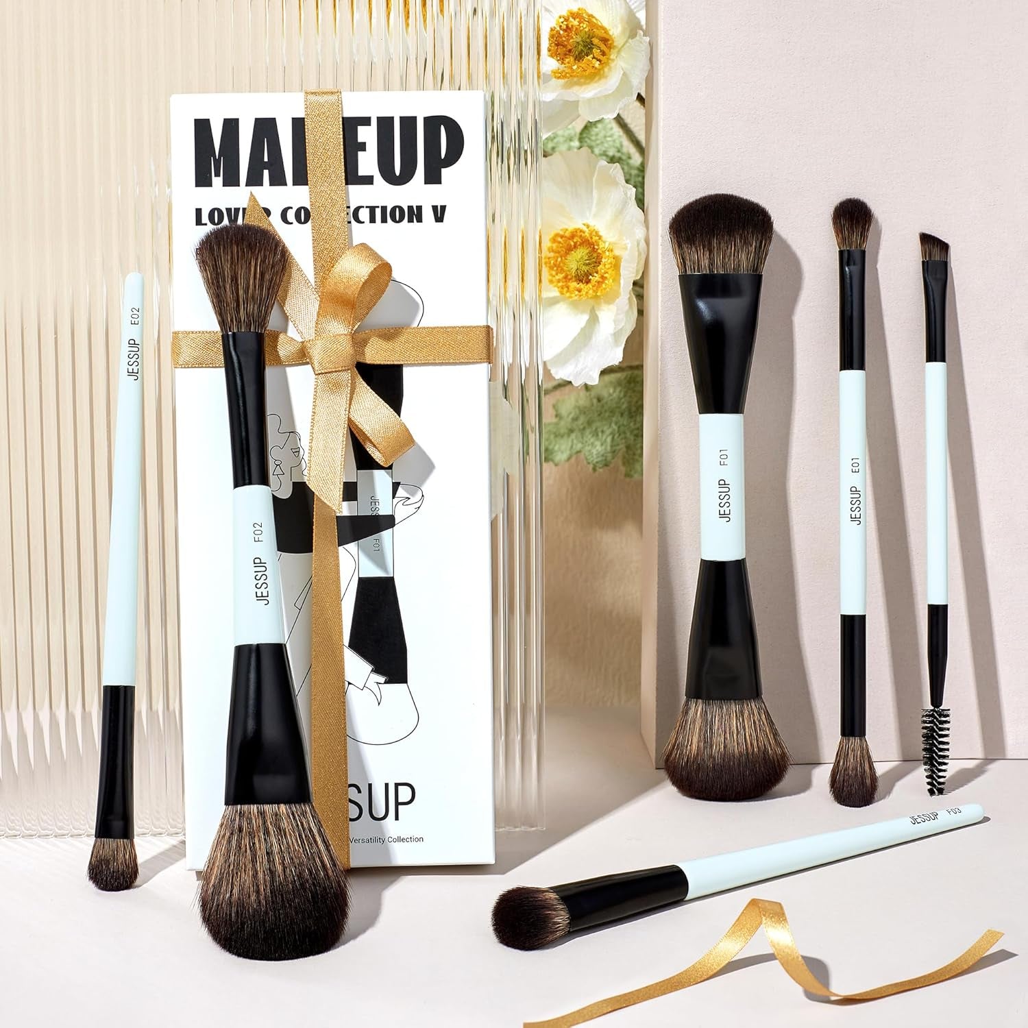 Makeup Brush Set 6Pcs Double Sided Makeup Brushes Foundation Contour Blush Highlight Blending Eyebrow Brush Eyeshadow Brush, Vegan Make up Brushes Bright Cyan T501