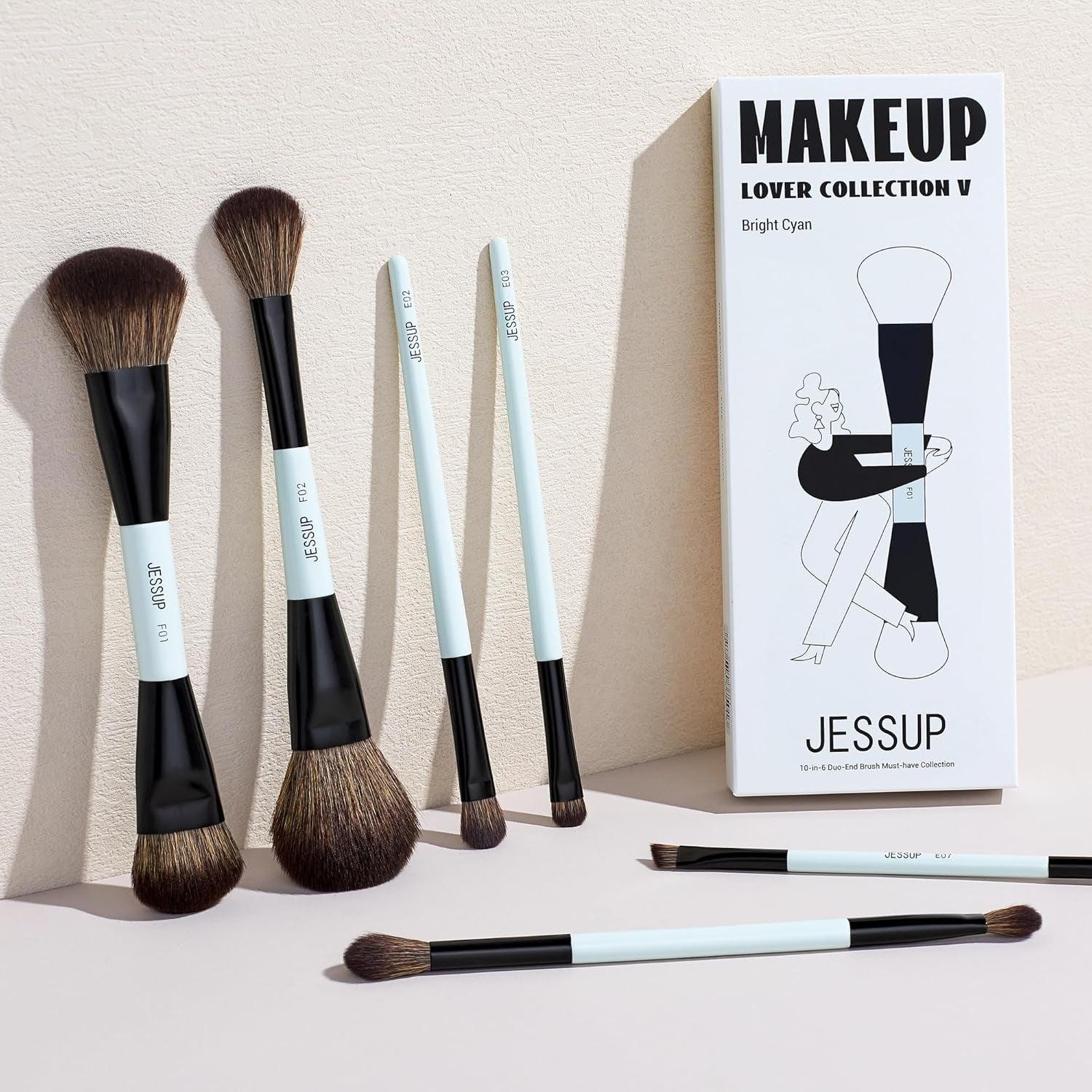 Makeup Brush Set 6Pcs Double Sided Makeup Brushes Foundation Contour Blush Highlight Blending Eyebrow Brush Eyeshadow Brush, Vegan Make up Brushes Bright Cyan T501