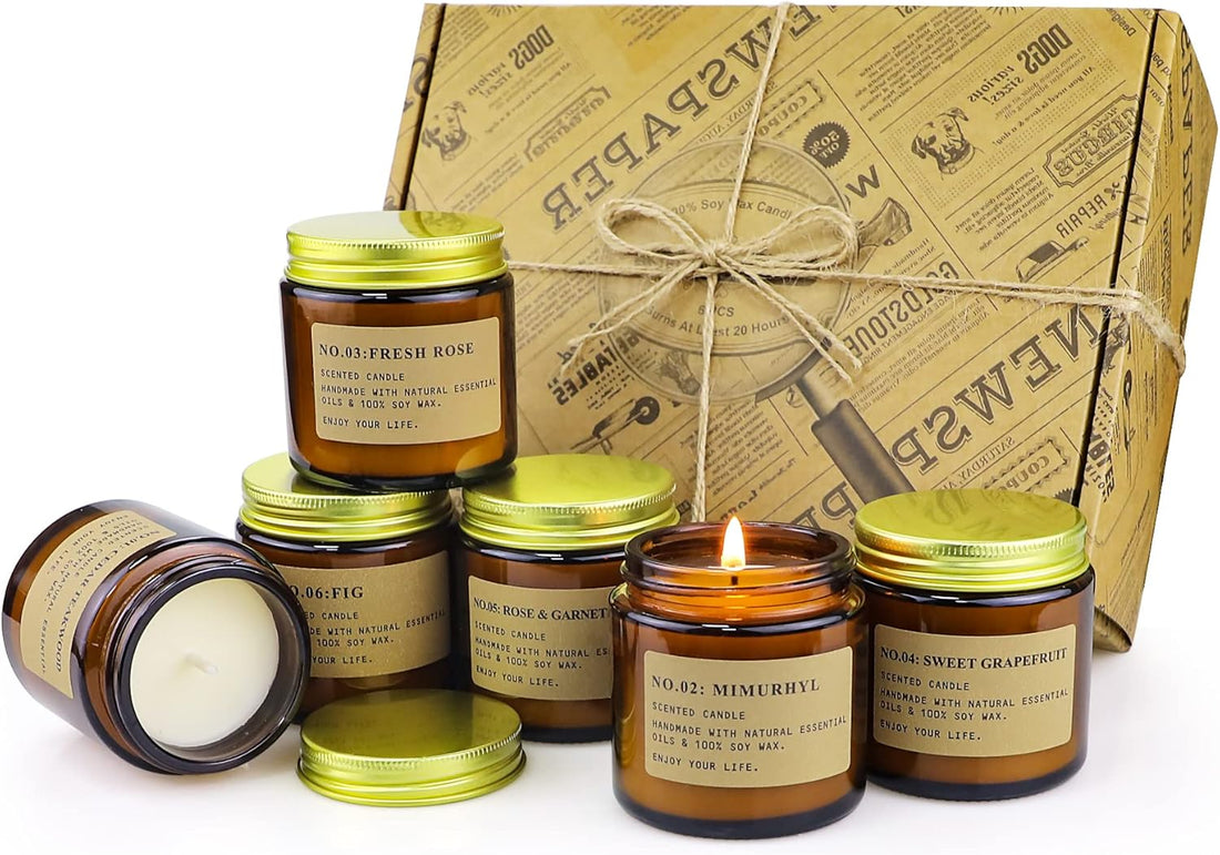 Scented Candles Gifts Set for Women,6 Pack Aromatherapy Candles Set,Long Lasting Burn Candle Gift for Mother Friend,Soy Wax Vegan Candle Present for Birthday,Valentine,Anniversary,Amber Glas Jar