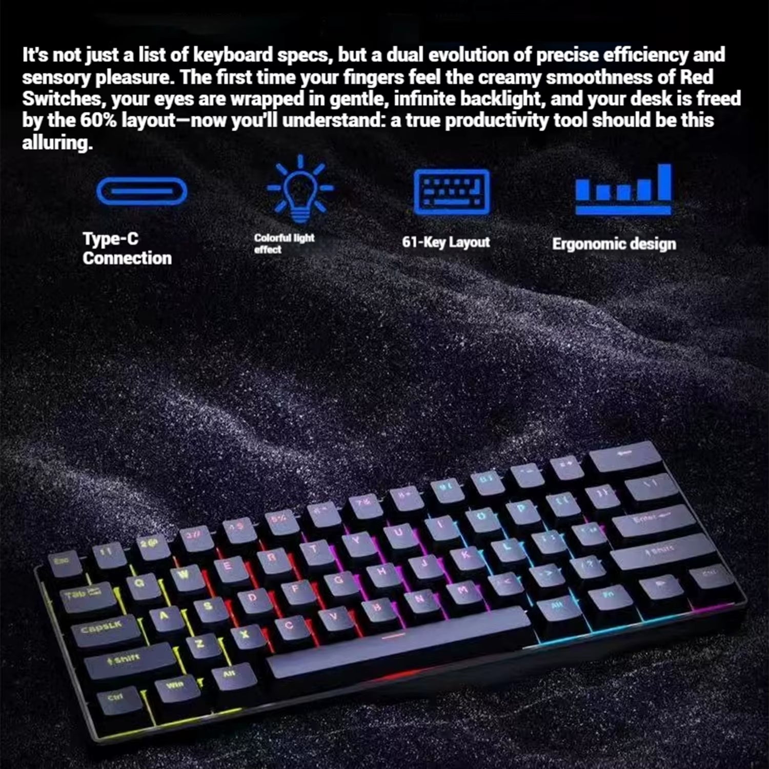 2026 New Mini 60 Gaming Keyboard, RGB Backlit 61 Key Ultra-Compact Keyboard, Ergonomic Waterproof Mechanical Feeling Office