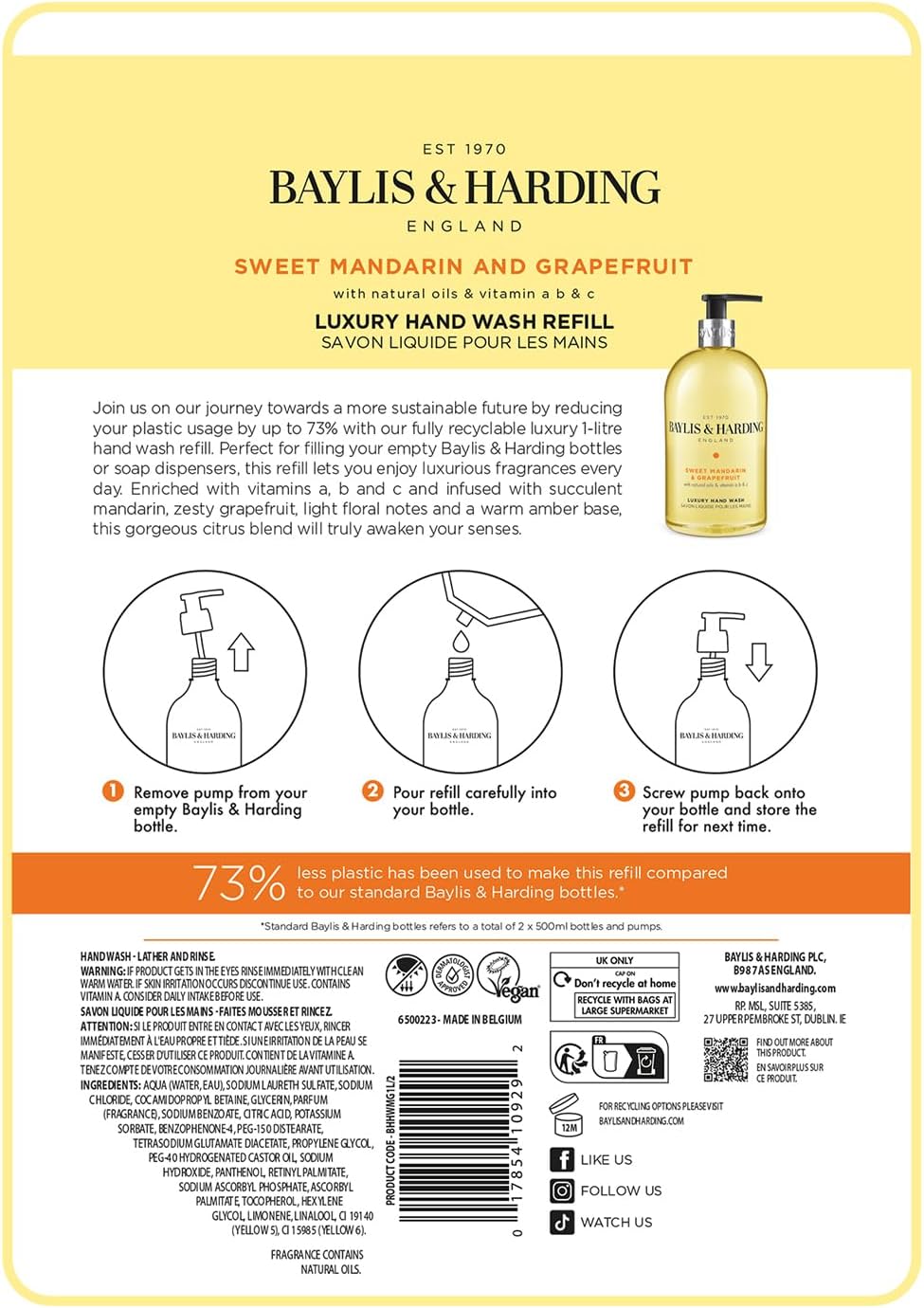 Sweet Mandarin & Grapefruit Hand Wash 1 Litre Refill Pouch (Pack of 3) - Vegan Friendly