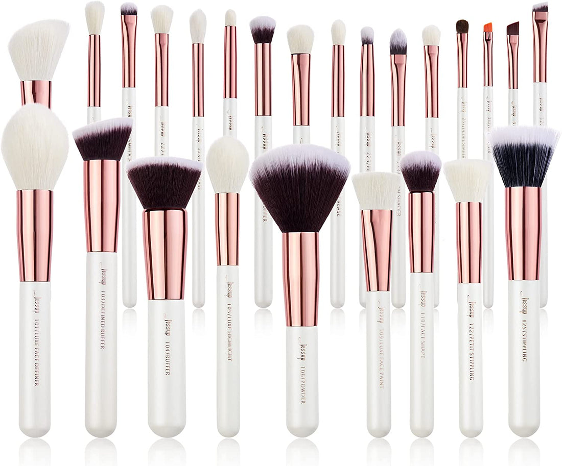 Brand 25Pcs Professional Makeup Brush Set Beauty Cosmetic Foundation Powder Blush Eyeshadow Blending Highlighter Natural-Synthetic Hair Brushes (Pearl White/Rose Gold) T215