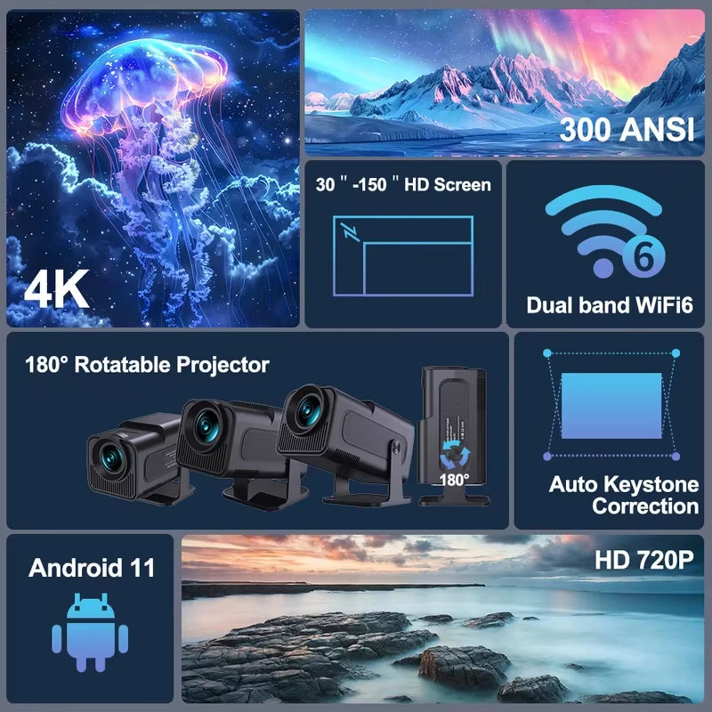 HY320 Video Projector 4K Native 720P Android Projectors 300ANSI Wifi Cinema Portable 180° Rotable 1080P Upgrated HY300